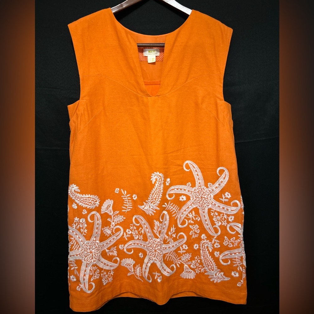 Anthropologie Maeve Women's Embroidered Orange Linen Tunic Dress Size 18